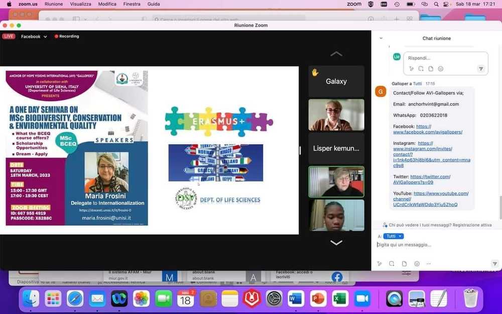 A one-day seminar on MSc BIODIVERSITY, CONSERVATION AND ENVIRONMENTAL QUALITY program hosted by AVI-GALLOPERS in collaboration with the UNIVERSITY OF SIENA, ITALY on Saturday 18th March 2023 (Ghana virtual).